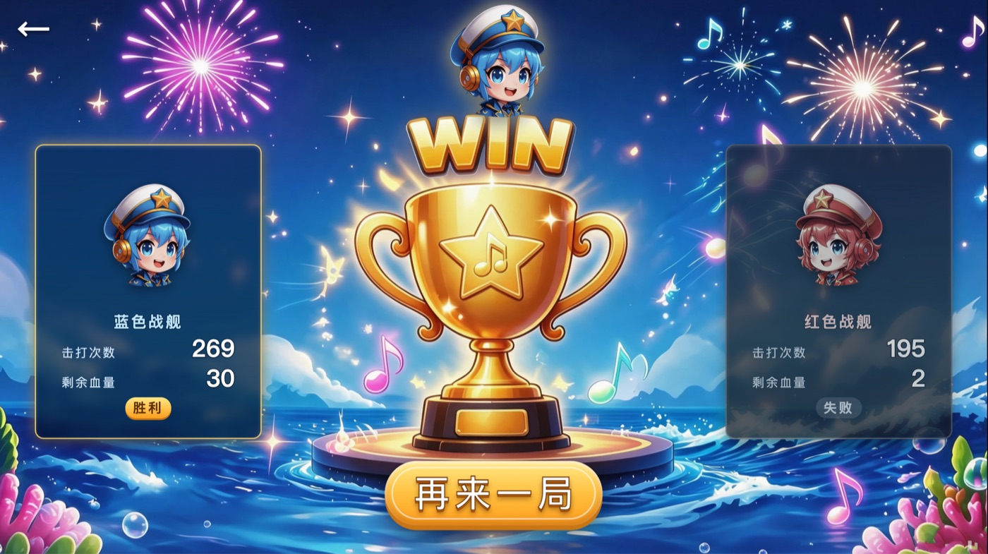 哑鼓精灵对战 胜负结算：奖杯与双方击打次数、剩余血量战绩